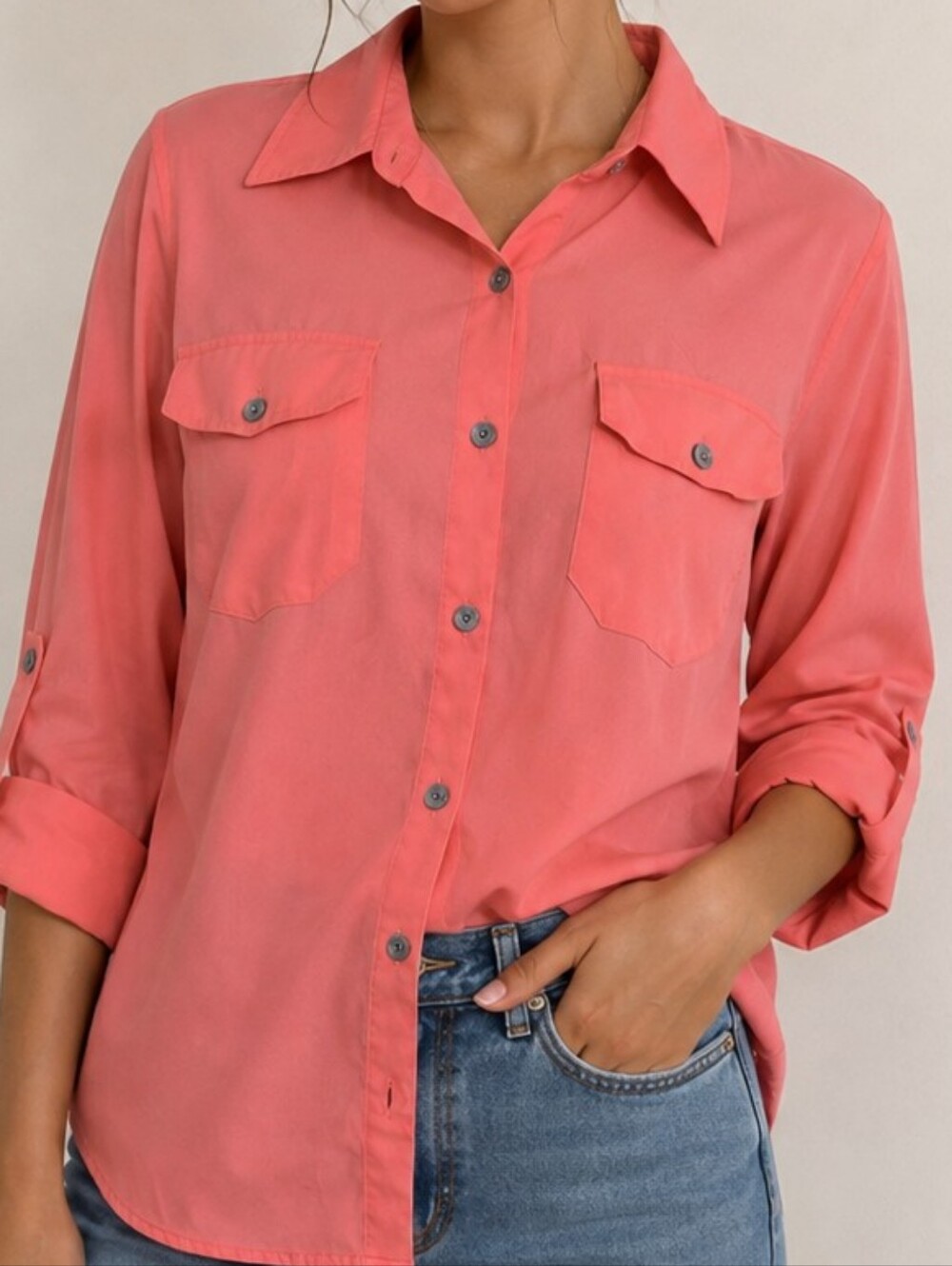 Covington Coral Button Down Roll Tab Sleeve Blouse Top Size M